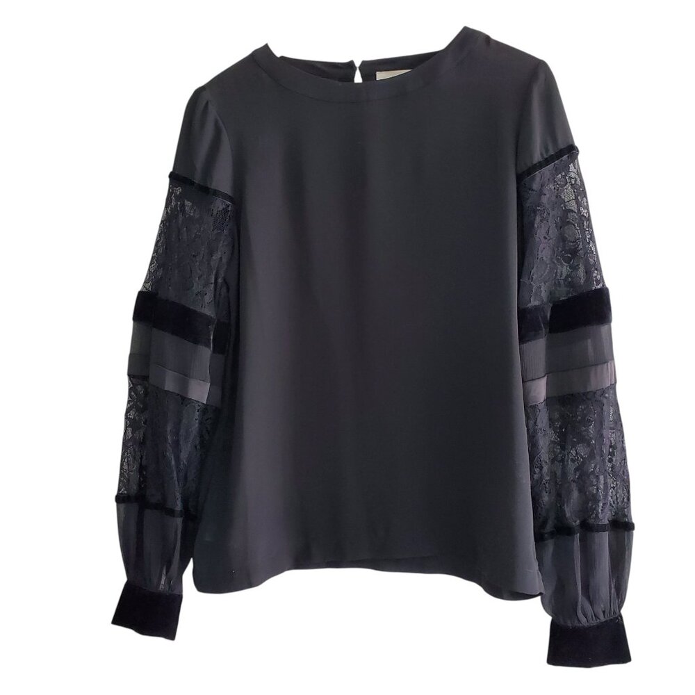 Loft Black Dressy  Blouse with mixed Media Sheer/Lace/Velvet Sleeves Size XS